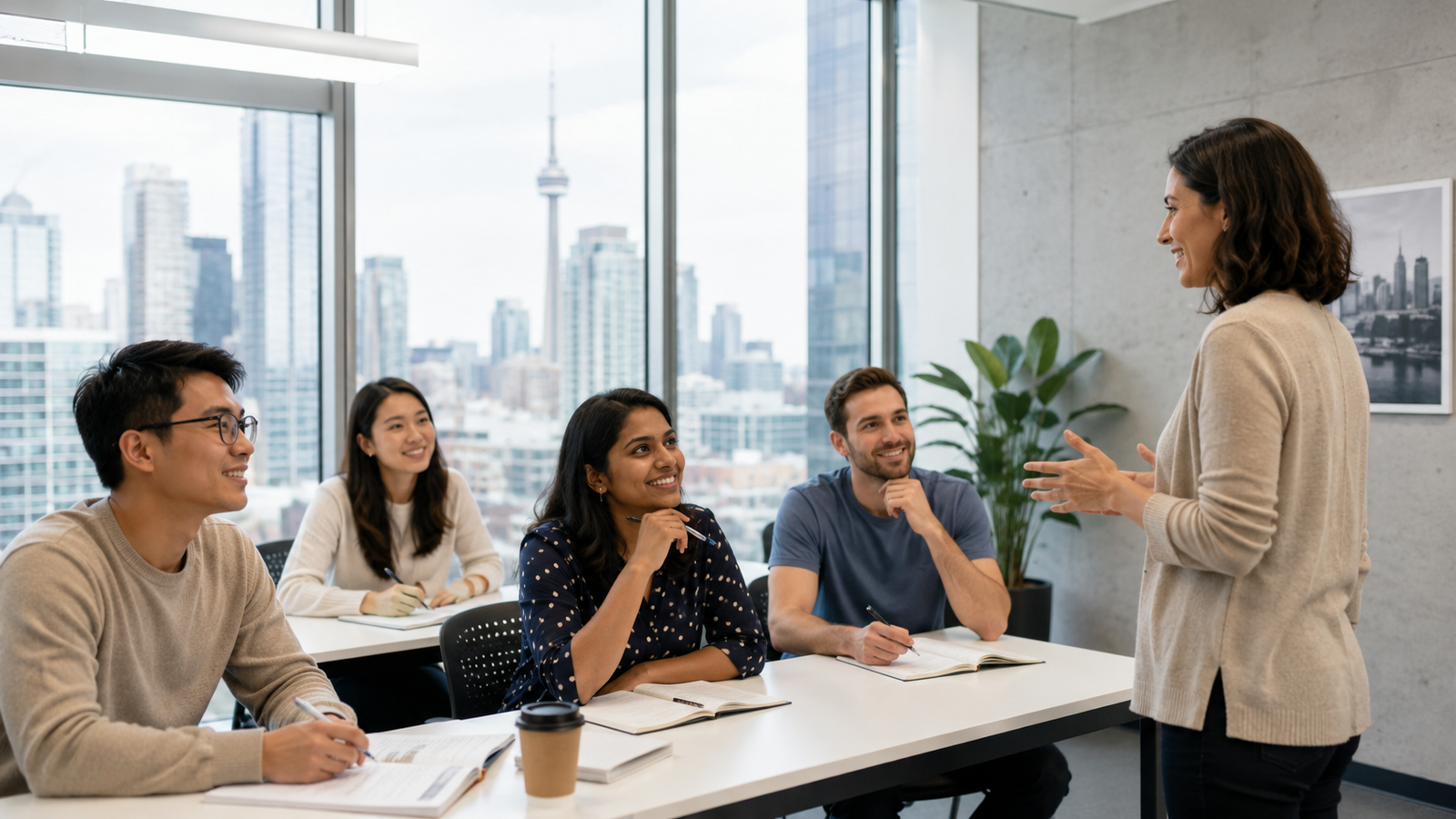 International students learning English in a modern classroom with Toronto skyline view