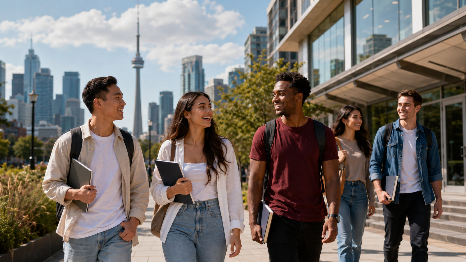 International students walking near a Toronto campus with skyline view