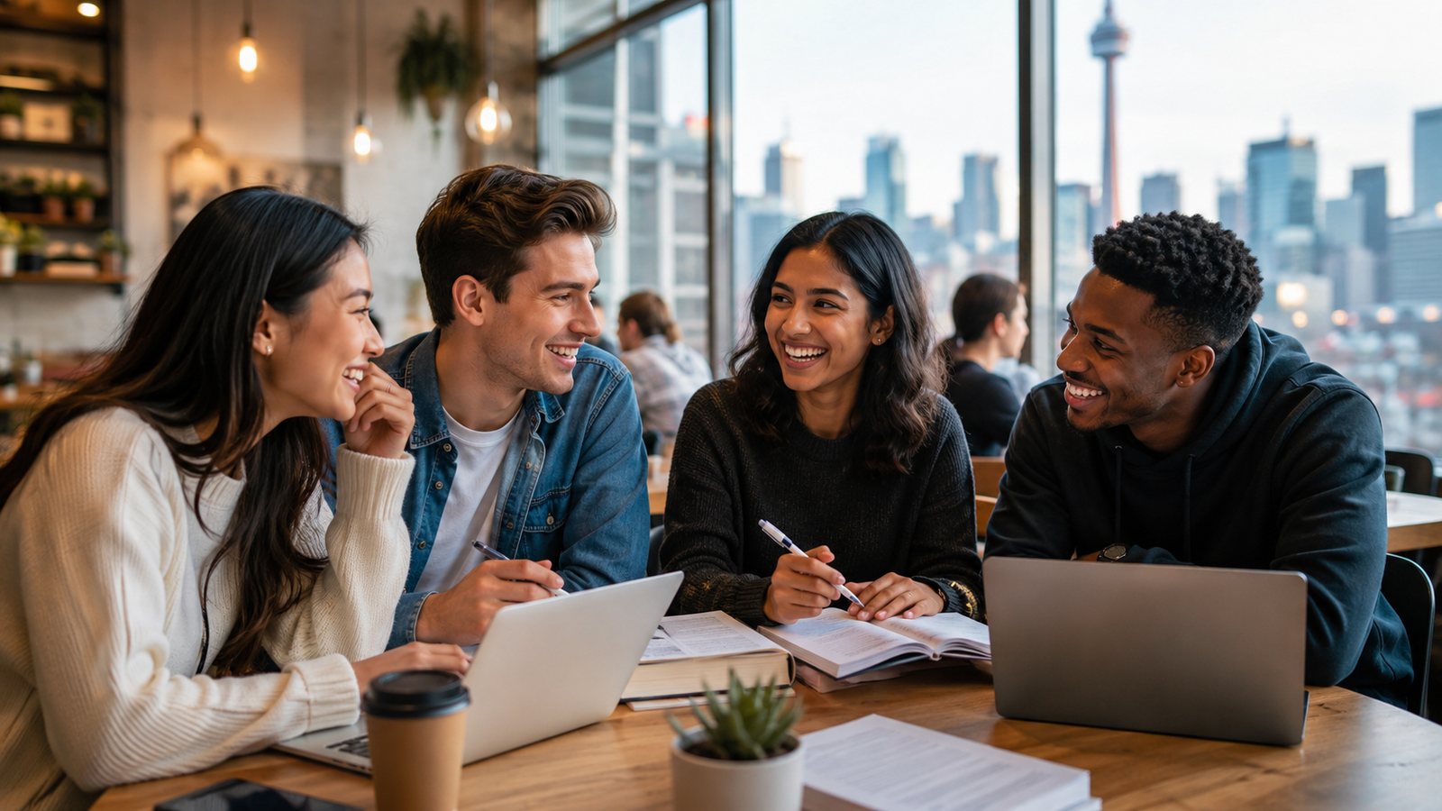 International students studying English together in a Toronto café